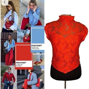 Vintage and Vibrant Orange Lace Top stand collar buttons in back size 4-6